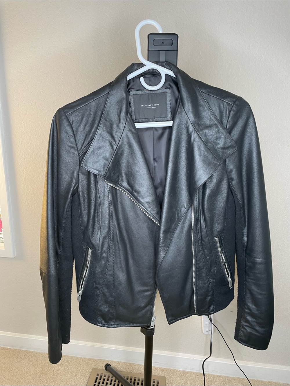 Marc New York Black Felix Moto Leather Moto Jacket with Knit Panels